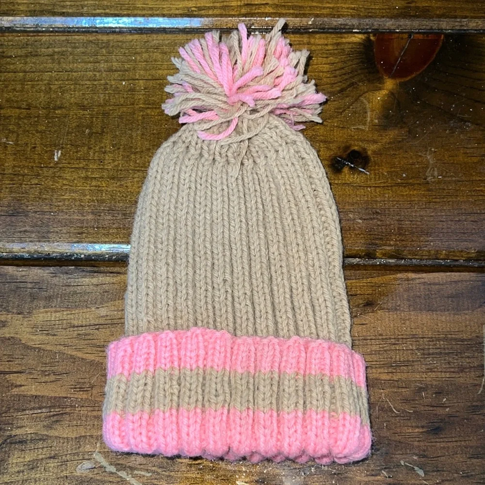 Hand Knit Tan &‎ Pink Girl’s Hat- OS